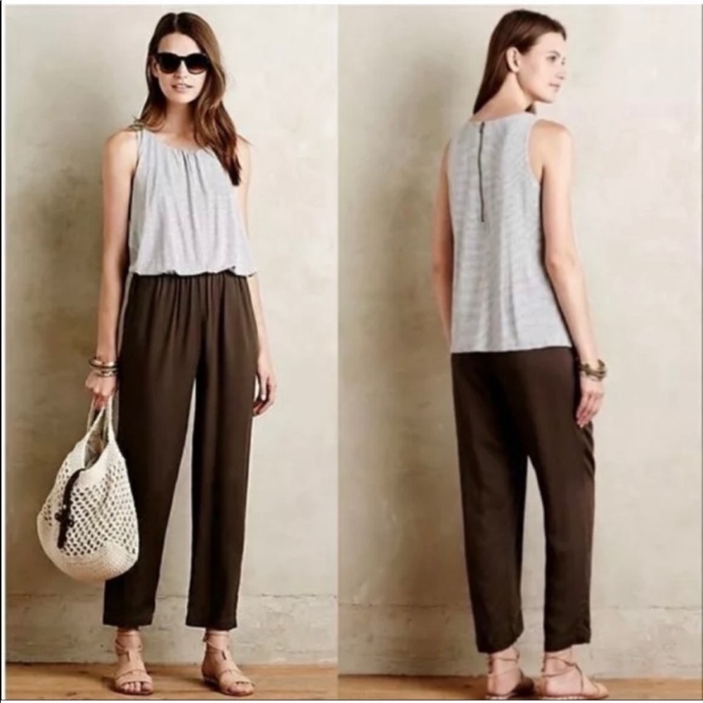 ANTHROPOLOGIE ELEVENSES Priya Olive Stripe Gray Cape Jumpsuit S